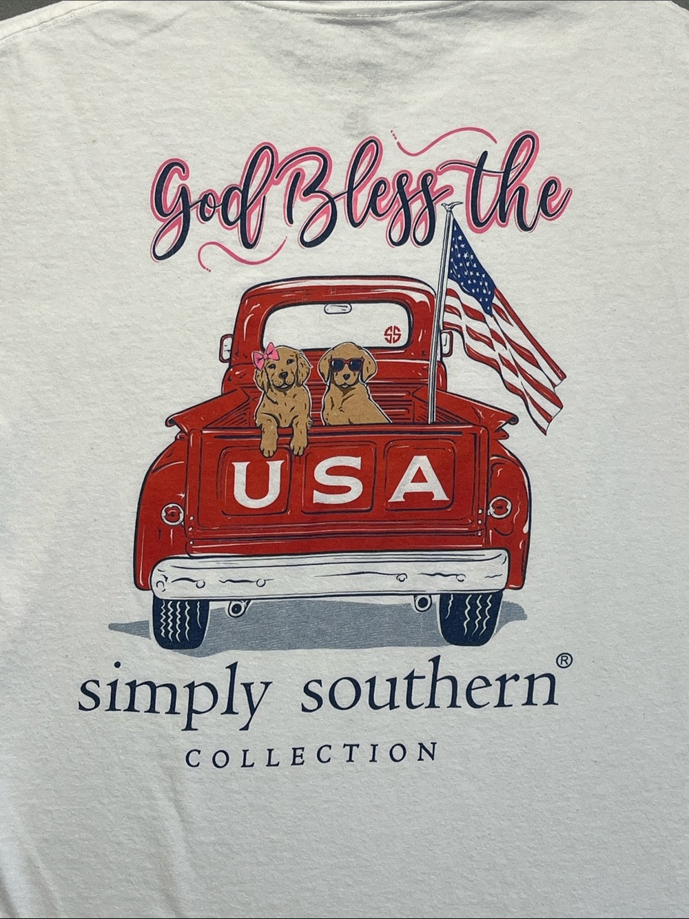 Simply Southern God Bless the USA Puppy Truck Graphic Tee White Size L
